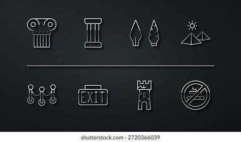 Columna antigua, barrera de la cuerda, pirámides de Egipto, torre del castillo, señal de salida, no fumar y icono de la cabeza de flecha de la edad de piedra. Vector