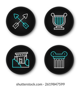 Set line Ancient column, ruins, lyre and Crossed arrows icon. Vector