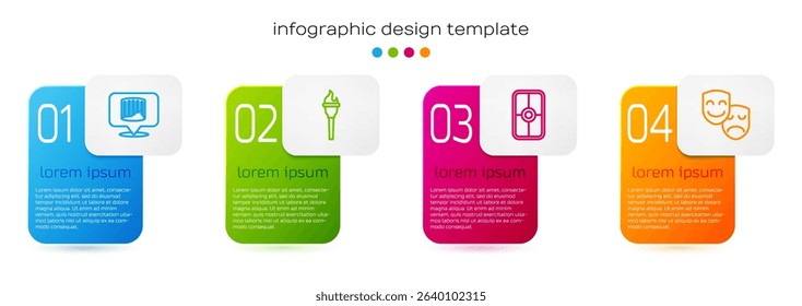 Set line Ancient column, Torch flame, Greek shield and Comedy and tragedy masks. Business infographic template. Vector