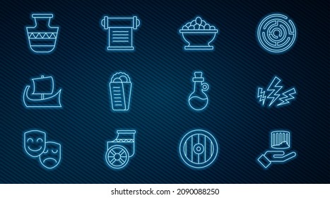 Fijar la línea Columna antigua, Zeus, Aceitunas en tazón, Gyros Pita griego, trireme, amphorae, Botella de aceite de oliva y Decreto, pergamino, icono de desplazamiento. Vector