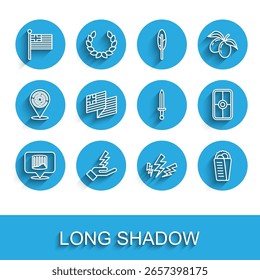 Set line Ancient column, Zeus, Greece national flag, Gyros Pita Greek, shield and Medieval sword icon. Vector