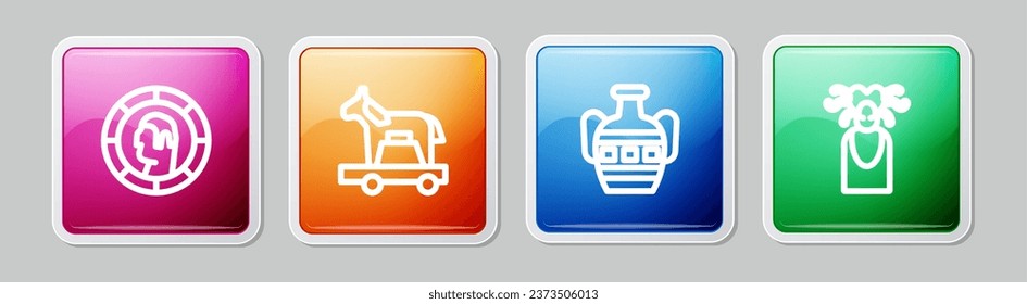 Set line Ancient Greek coin, Trojan horse, amphorae and Medusa Gorgon. Colorful square button. Vector