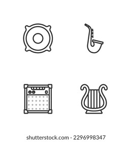 Set line Ancient Greek lyre, Guitar amplifier, Stereo speaker and Saxophone icon. Vector