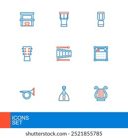 Set line Ancient Greek lyre, Balalaika, Trumpet, Guitar amplifier, neck, Xylophone, African djembe drum and percussion icon. Vector