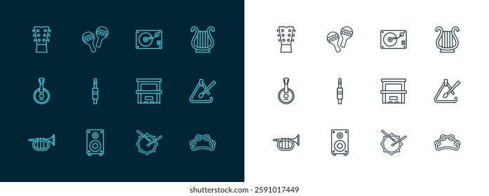 Set line Ancient Greek lyre, Stereo speaker, Piano, Drum with drum sticks, Audio jack, Vinyl player vinyl disk, Guitar neck and Maracas icon. Vector