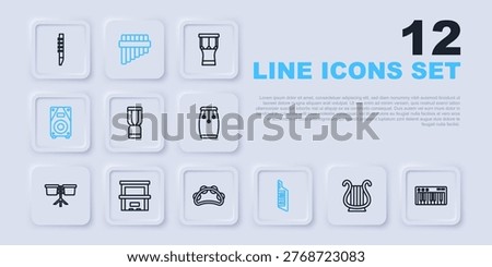 Set line Ancient Greek lyre, Music synthesizer, African djembe drum, Keytar, Stereo speaker, Piano, Pan flute and Tambourine icon. Vector