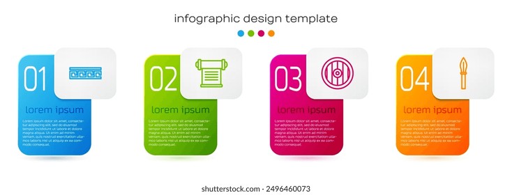 Set Linie Antikes griechisches Muster, Dekret, Pergament, Schriftrolle, Schild und mittelalterlicher Speer. Vorlage für Geschäftsinformationen. Vektorgrafik