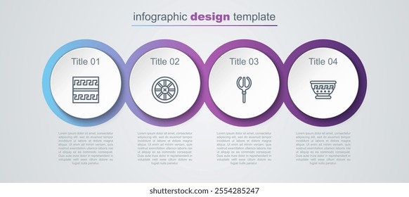 Set line Ancient Greek pattern, Old wooden wheel, Neptune Trident and ancient bowl. Business infographic template. Vector