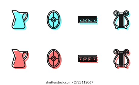 Patrón griego antiguo, botella de aceite de oliva, escudo e icono de lira. Vector
