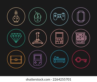 Set line Ancient key for game, Slot machine, Gamepad, Joystick arcade, Diamond, Bottle with magic elixir, Retro and Computer mouse gaming icon. Vector