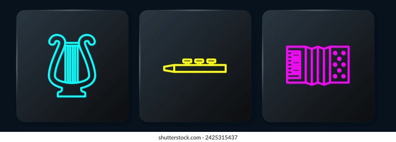 Set line Ancient lyre, Accordion and Drum and drum sticks. Black square button. Vector