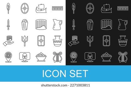 Set line Ancient lyre, amphorae, Bottle of olive oil, Greek trireme, Gyros Pita, Medieval sword, Feather pen and column icon. Vector