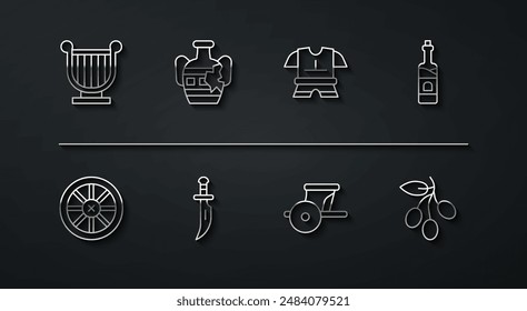 Set line Antike Leier, Altes Holzrad, Flasche Wein, Wagen, Dolch, Gebrochene Amphoren, Oliven Zweig und Körper Rüstung Ikone. Vektorgrafik