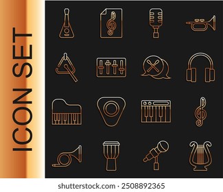 Set line Ancient lyre, Treble clef, Headphones, Microphone, Sound mixer controller, Triangle, Guitar and Drum sticks icon. Vector
