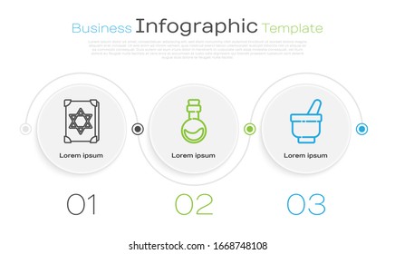 Set line Ancient magic book, Bottle with love potion and Magic mortar and pestle. Business infographic template. Vector