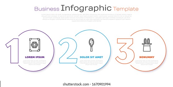 Set line Ancient magic book, Magic hand mirror and Magician hat and rabbit ears. Business infographic template. Vector