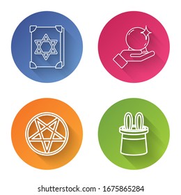 Set line Ancient magic book, Magic ball on hand, Pentagram in a circle and Magician hat and rabbit ears. Color circle button. Vector