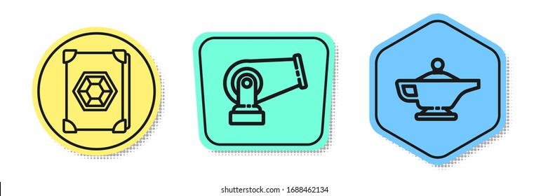 Set line Ancient magic book, Cannon and Magic lamp or Aladdin. Colored shapes. Vector