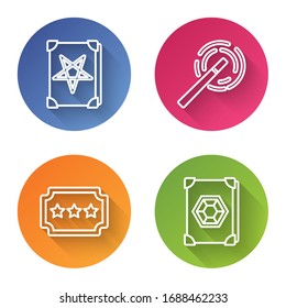 Set line Ancient magic book, Magic wand, Ticket and Ancient magic book. Color circle button. Vector