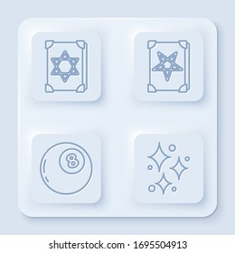 Línea del libro de magia Antiguo, libro de magia Antiguo, bola mágica de predicciones y estrellas Sparkle con brillo mágico. Botón cuadrado blanco. Vector