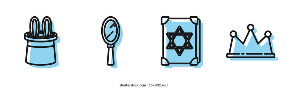 Set line Ancient magic book, Magician hat and rabbit ears, Magic hand mirror and Crown icon. Vector