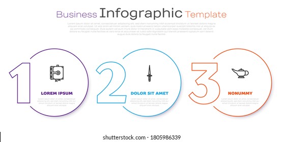 Set line Ancient magic book, Dagger and Magic lamp or Aladdin. Business infographic template. Vector