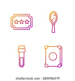 Set line Ancient magic book, Bottle with love potion, Ticket and Magic hand mirror. Gradient color icons. Vector