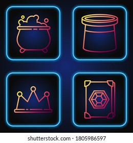 Set line Ancient magic book, Crown, Witch cauldron and Magician hat. Gradient color icons. Vector