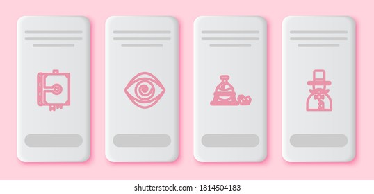 Set line Ancient magic book, Hypnosis, Witch cauldron and stone and Magician. White rectangle button. Vector