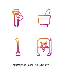 Set line Ancient magic book, Witches broom, Bottle with love potion and Magic mortar and pestle. Gradient color icons. Vector