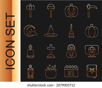 Set line Ancient magic book, Pumpkin, Witch hat, Moon and stars, Wooden axe and Witches broom icon. Vector