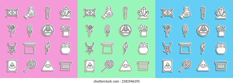 Línea del libro de magia antigua, caldero de brujas, sombrero mágico, botella con poción, espada en fuego, personal, alfombra e icono de masones. Vector