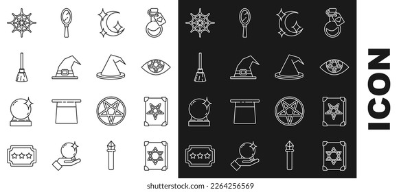Línea Ancient Magic book, Pentagram, Moon and stars, Witch hat, Witches broom, Spider web and icon. Vector