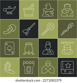 Set line Ancient magic book, Magic hat and wand, staff, Witch, Witches broom, Psilocybin mushroom, lamp or Aladdin and  icon. Vector