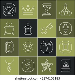 Línea del libro de magia antigua, Gemini zodiac, Venus, goblet medieval, vela quemadora, caldero de bruja, masones y icono de la llave antigua. Vector