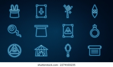 Set line Ancient magic book, Magic stone ring with gem, staff, hat, Eye, Magician and rabbit ears,  and  icon. Vector