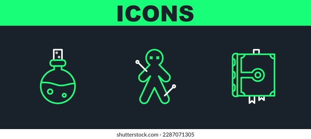 Set line Ancient magic book, Bottle with love potion and Voodoo doll icon. Vector
