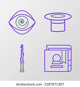 Set line Ancient magic book, Magic wand, Magician hat and Hypnosis icon. Vector