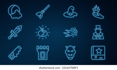 Set line Ancient magic book, Magician, Witch hat, Poison apple, Medieval sword, Moon and stars, Fireball and Witches broom icon. Vector