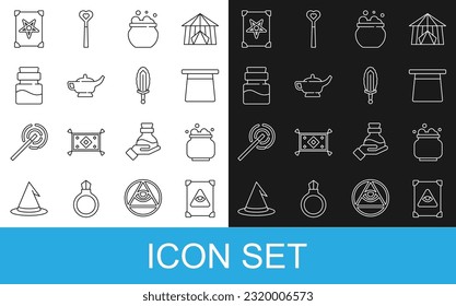 Set line Ancient magic book, Witch cauldron, Magic hat, lamp or Aladdin, Bottle with potion,  and sword fire icon. Vector