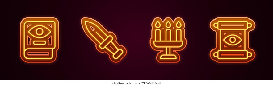 Set line Ancient Magic Book, Dagger, Candlestick und Magic Scroll. Leuchtendes Neonsymbol. Vektorgrafik