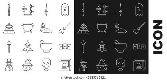 Set line Ancient magic book, Playing cards, Witches broom, Dagger, cauldron, Masons, Magic wand and Hand holding fire icon. Vector