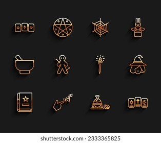Set line Ancient magic book, Spell, Playing cards, Witch cauldron and stone, Three tarot, Voodoo doll,  and Magic staff icon. Vector