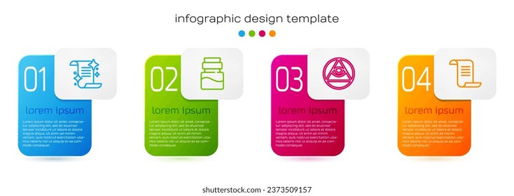 Set line Ancient magic book, Bottle with potion, Masons and . Business infographic template. Vector