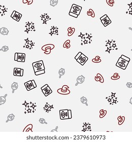 Set line Ancient magic book, Magical glitter particles, Burning candle on skull and Witch hat on seamless pattern. Vector