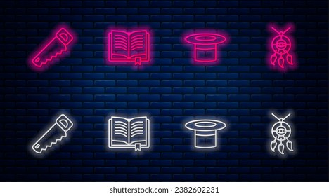 Set line Ancient magic book, Magician hat, Hand saw and Dream catcher with feathers. Glowing neon icon on brick wall. Vector