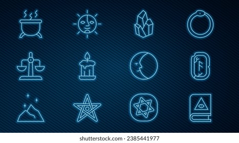 Set line Ancient magic book, Magic runes, stone, Burning candle, Libra zodiac, Witch cauldron, Moon and Sun icon. Vector