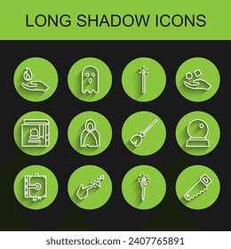 Set line Ancient magic book, Spell, Hand holding fire, Magic staff, saw, Mantle, cloak, cape, ball and Witches broom icon. Vector