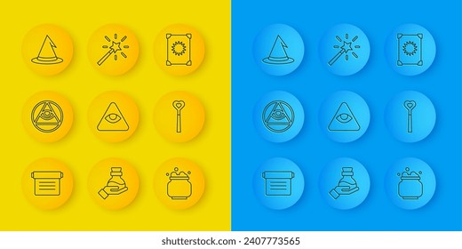 Set line Ancient magic book, Masons, Witch cauldron, Magic wand, hat,  and  icon. Vector