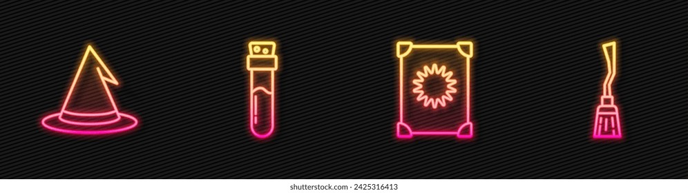 Set line Ancient magic book, Witch hat, Bottle with potion and Witches broom. Glowing neon icon. Vector